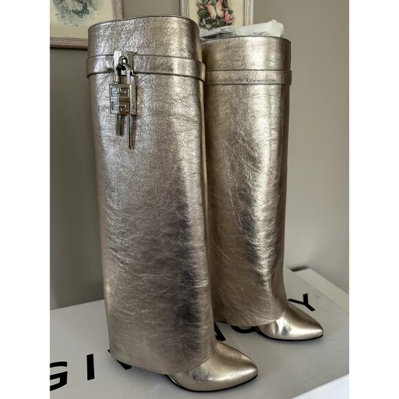 Givenchy Shark Lock Knee High Boots Womens Size 40.5 Gold Leather New - Picture 14 of 14